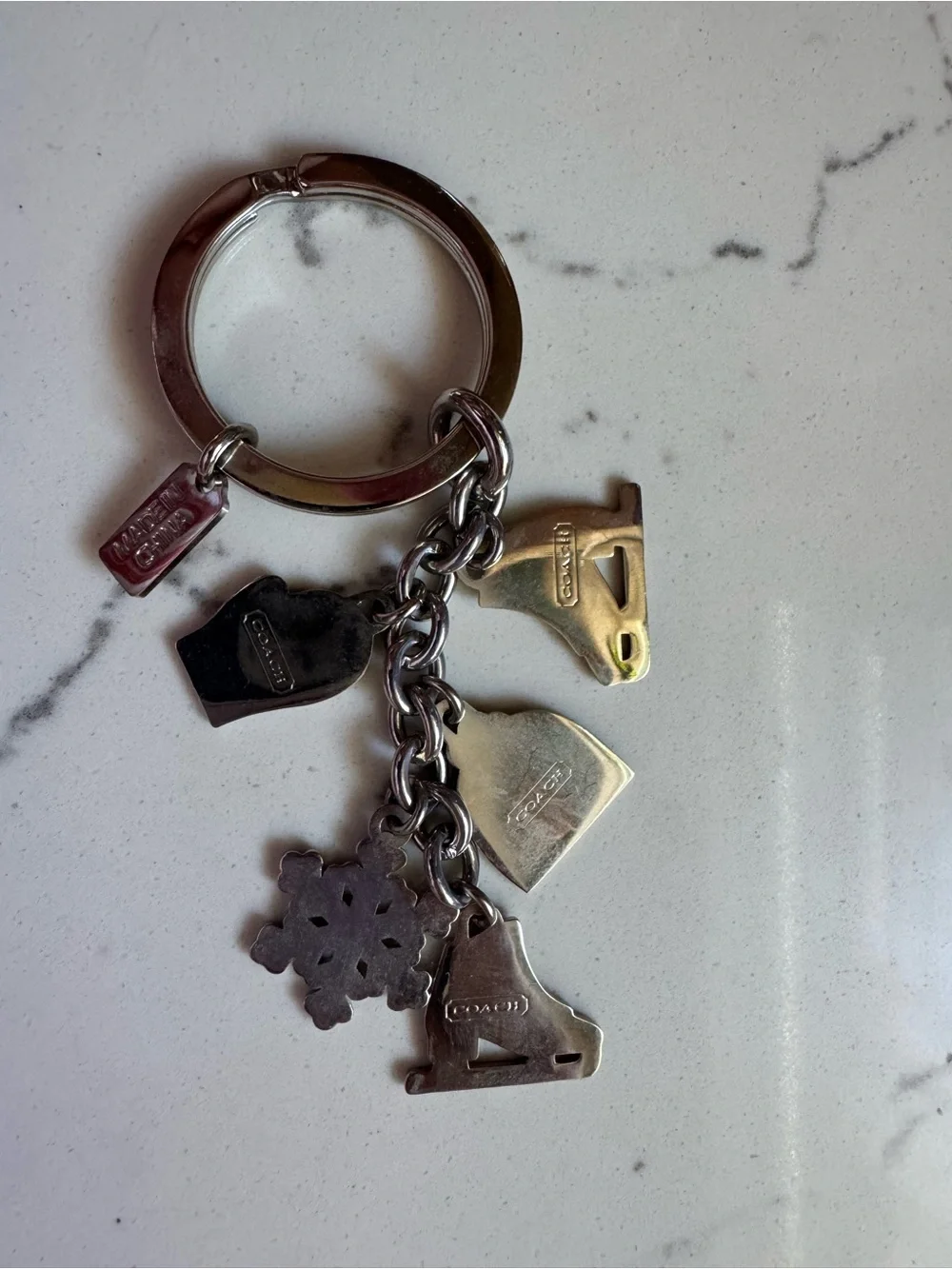 Coach Silver-Tone Winter Charm Keychain with Red, Purple & White Accents